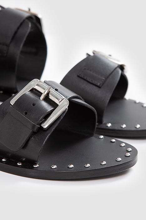 BLACK LEATHER SANDALS, STUDDED WELT, DOUBLE STRAP 7