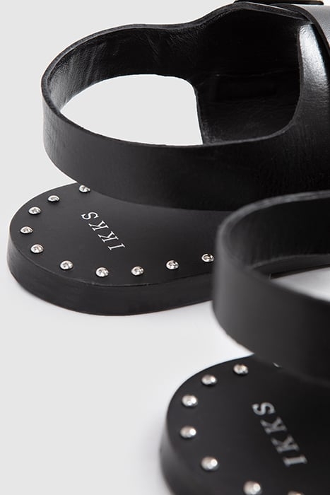 BLACK LEATHER SANDALS, STUDDED WELT, DOUBLE STRAP 8