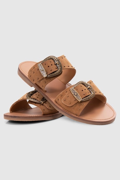 CAMEL SUEDE STUDDED FLAT MULES 2