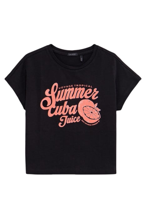 GIRLS' BLACK T-SHIRT WITH NEON FRUIT & SLOGAN 1